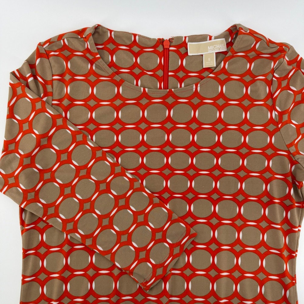 Michael Michael Kors Orange Tan Geometric Link Print 3/4 Sleeve Sheath Dress S